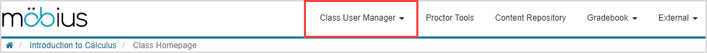The Class User Manager menu is the first menu on the Class Homepage in the main navigation bar.